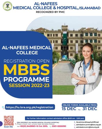 Registration for MBBS programme for Session 2022-23 at Al-Nafees Medical College  Hospital, Islamabad