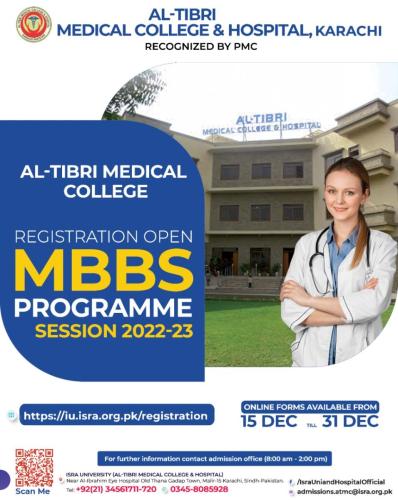 Registration for MBBS programme for Session 2022-23 at Al-Tibri Medical College  Hospital, Karachi